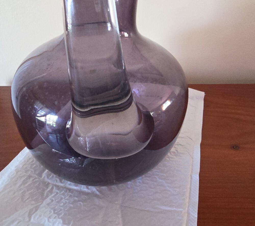 Handblown Deep Purple Glass Pitcher with Clear Handle - Decorative Vase - Picture 5 of 6